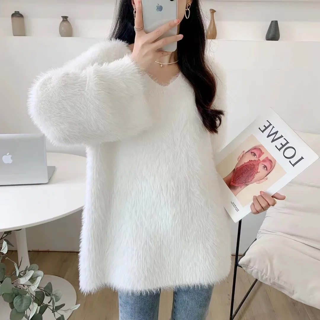 

2023 New Winter Autumn White Mohair Knitted Thick Soft Sweaters V Neck Women Imitation Mink Loose Casual Warm Pullover Jumper