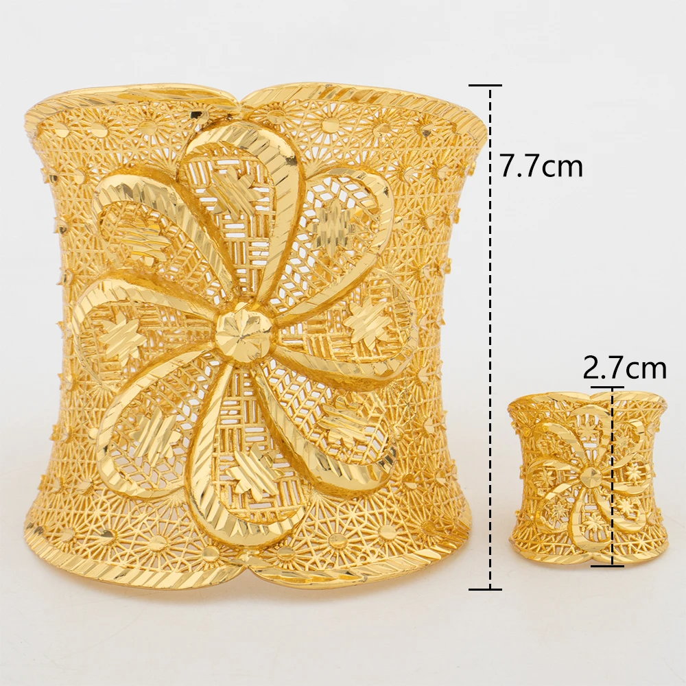 Hohles Modisches Goldfarbenes Manschettenarmband, Ring, Kupferlegierung, Vergoldeter Schmuckset, Armreif für Damen, Täglicher Gebrauch, Party, Hochzeitsgeschenke – Detail 10