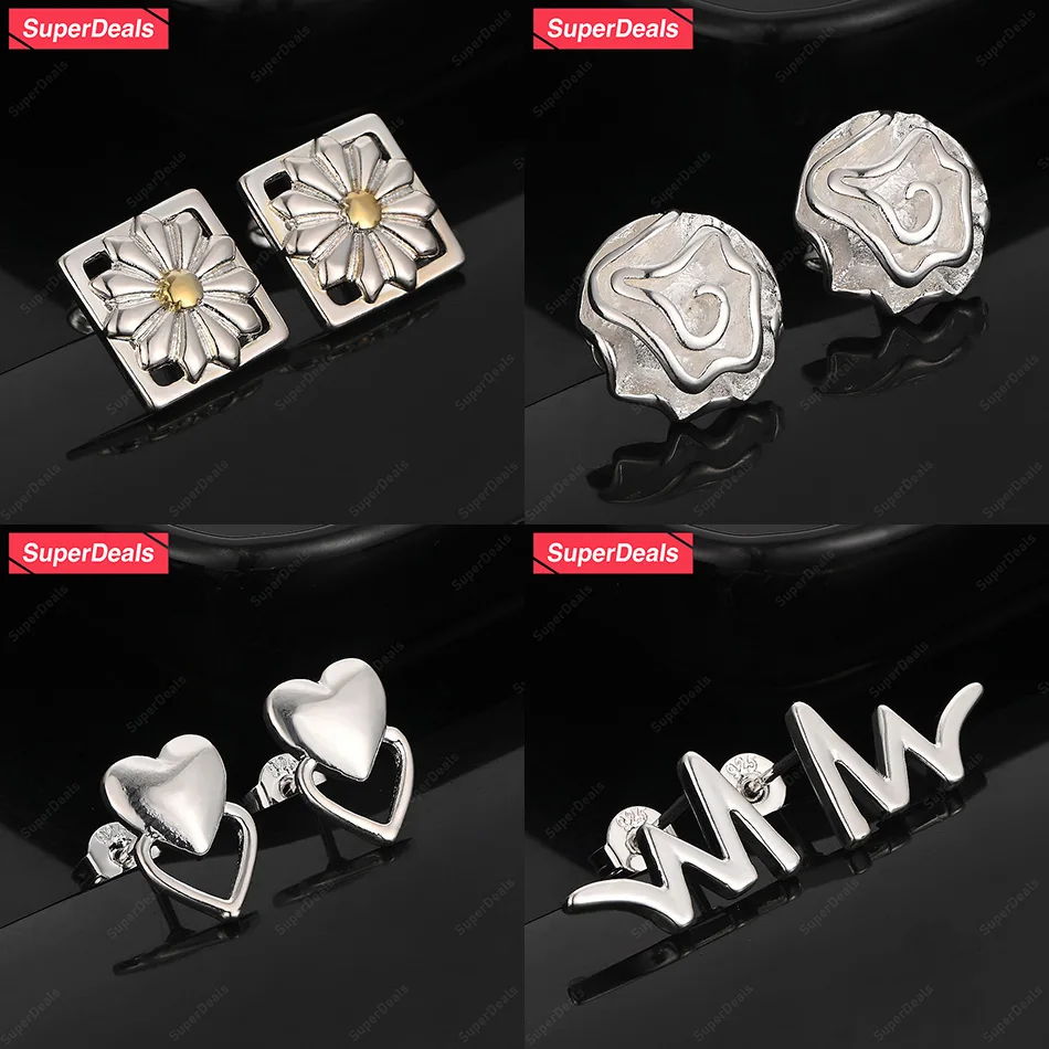 

SuperDeals 925 Sterling Silver Daisy Flower Heart Letter M Stud Earring Women Fashion Party Pretty Jewelry Valentine's Day Gift
