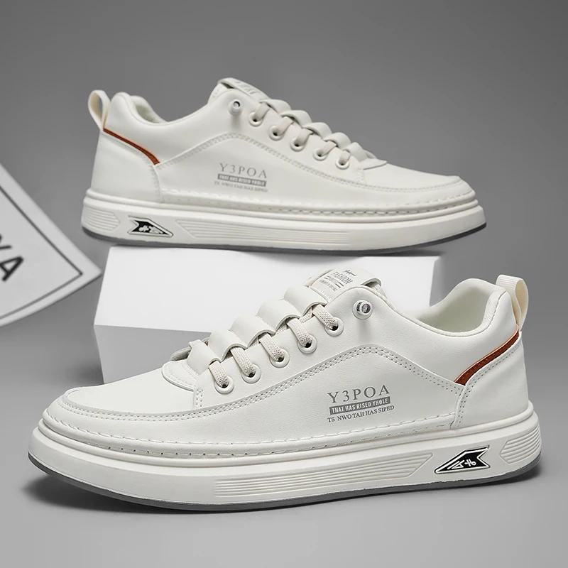 Zapatos informales de cuero para hombre, zapatillas blancas transpirables, zapatos de tenis para caminar y conducir a la moda, zapatos planos de oficina para hombre