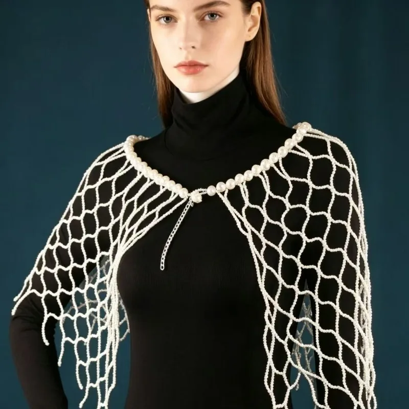 Elegant Faux Pearl Beaded Hollow Mesh Cape Fringe Tassel Shoulder Shrug Women Wedding Bridal Shawl Evening Party Dress Cover Up