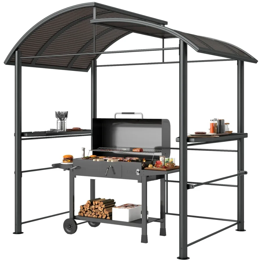 

Outdoor Grill Gazebo 8x5 with Vented PC Roof Side Shelves Canopy Shelter