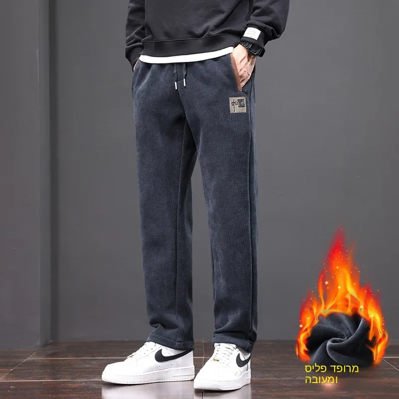 New 2026 Men's Corduroy Casual Pants Autumn Winter Straight Leg Thickened Velvet Fabric Anti-Wrinkle Black Color Trendy Brand