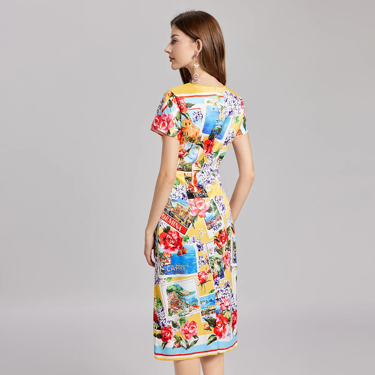 Runway New Summer Letters Postcard Print Floral Midi Long Rose Dress Women Short Sleeve Sheath Pencil Party Vestidos Female