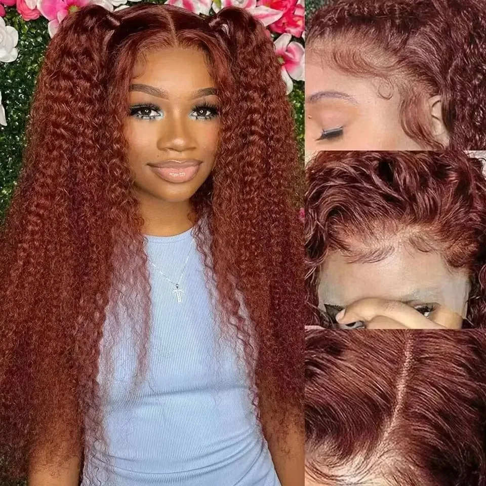 Rotbraune, lockere, tiefe, lockige Lace-Front-Perücken, 200 Dichte, 13 x 4 Lace-Frontal-Perücken, Wasserwelle, Herbst, farbige Spitzenperücken, synthetisch