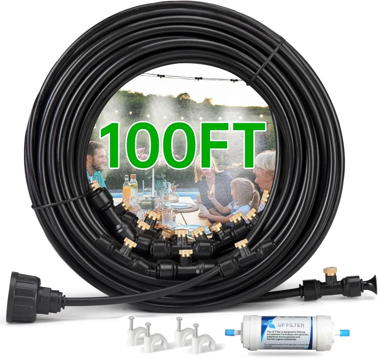 

100FT Misting Cooling System for Patio & Garden with Brass Nozzles, UV-Resistant Tubing - DIY Installation