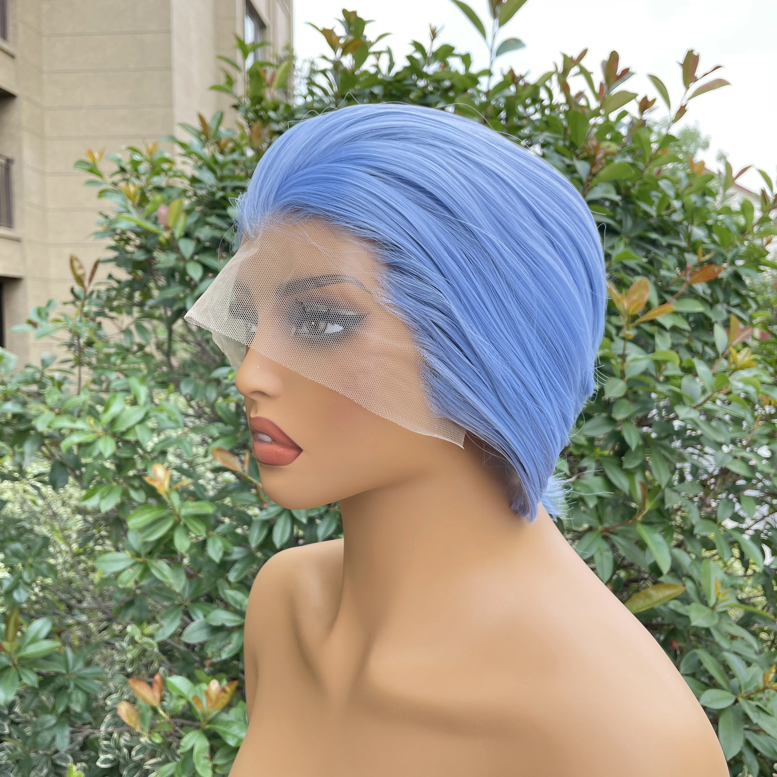 

Небесно-голубые синтетические парики для мужчин 13x4 Парики спереди на шнуровке Короткие парики для косплея с пиком вдовы для женщин 150% плотность бесклеевые