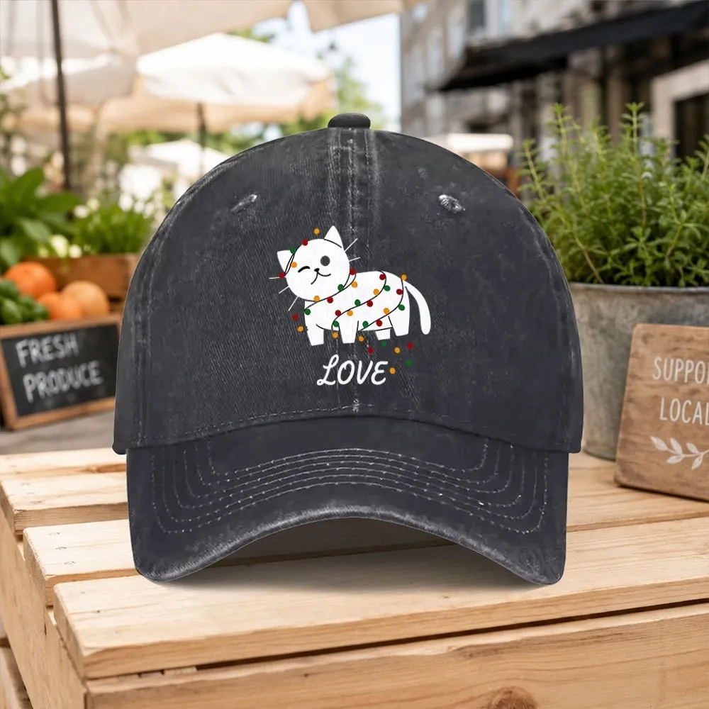 Winking Cat LOVE Graphic Distressed Cotton Baseball Cap Unisex Adjustable for Outdoor Daily Wear