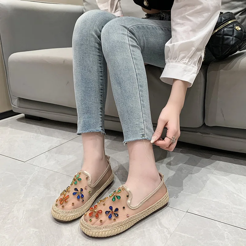 Soft Shoes Woman Flats Casual Female Sneakers Shallow Mouth Flax Slip-on Crystal Round Toe Dress Linen Slip On Rhinestone Knitti