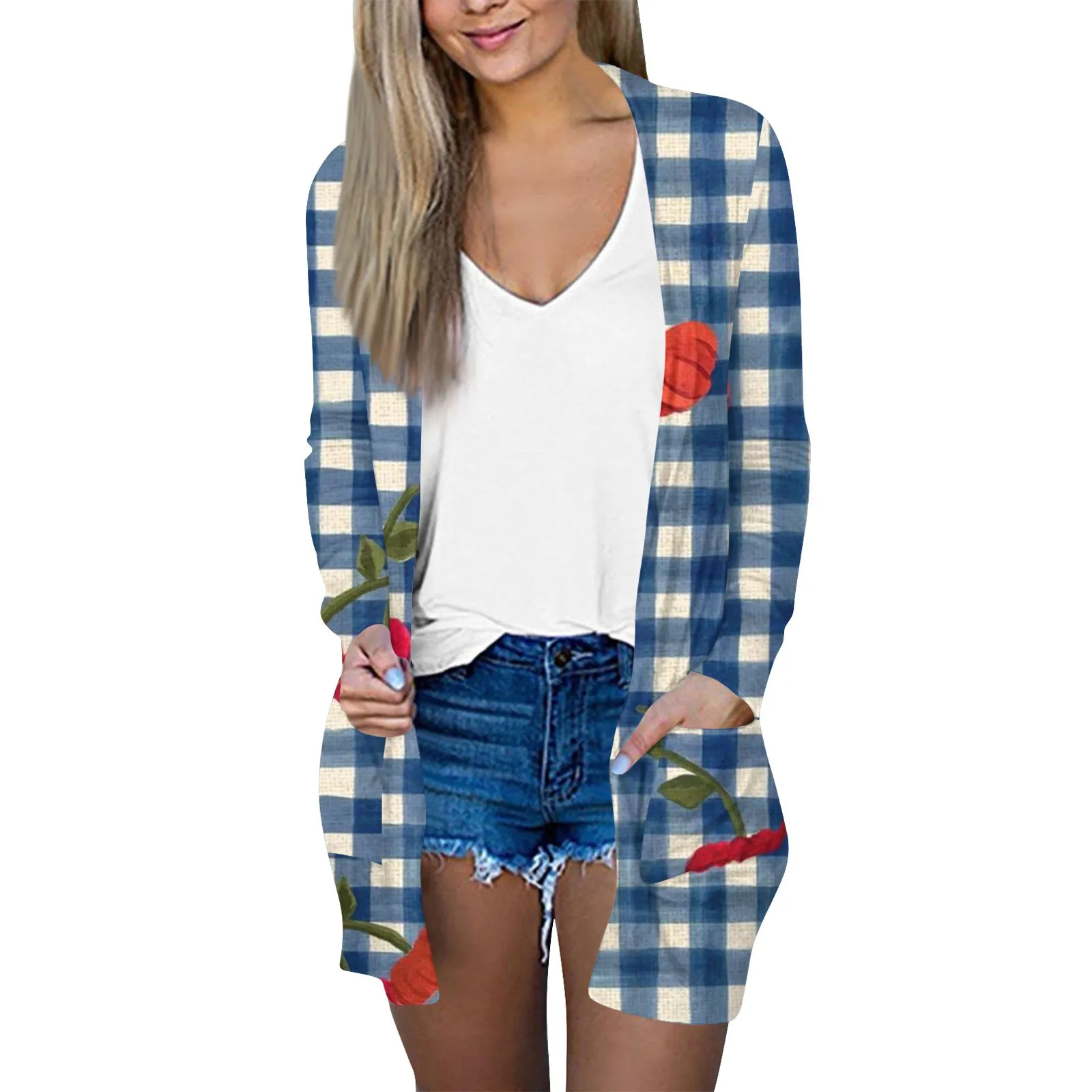 Plaid Shirt Women's Mid Length Checked Shirt Spring Summer Long Sleeved Versatile Tops Loose Fashion Casual Cardigan With Pocket