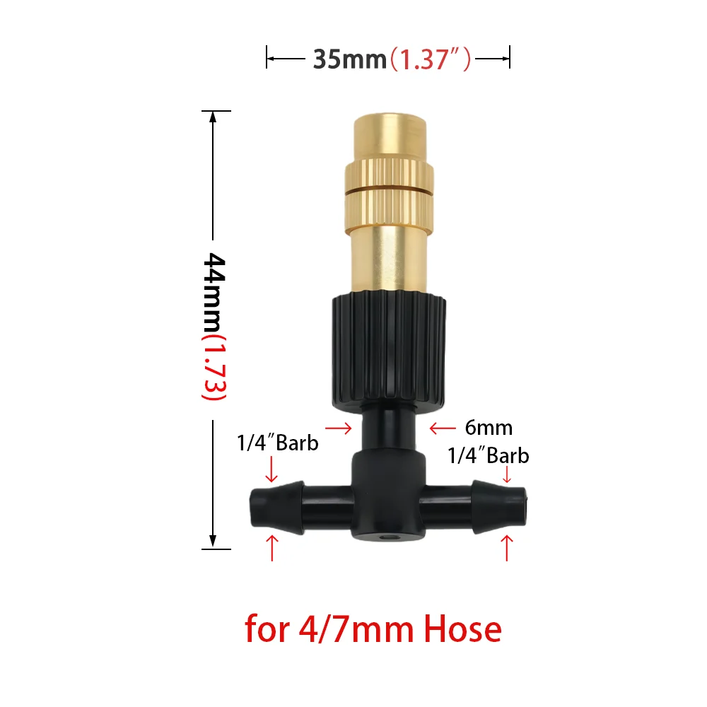10-100PCS Adjustable Brass Spray Nozzles with 1/4” Tee Joint for Garden Greenhouse Lawn 4/7mm Hose Misting Watering Sprinkler