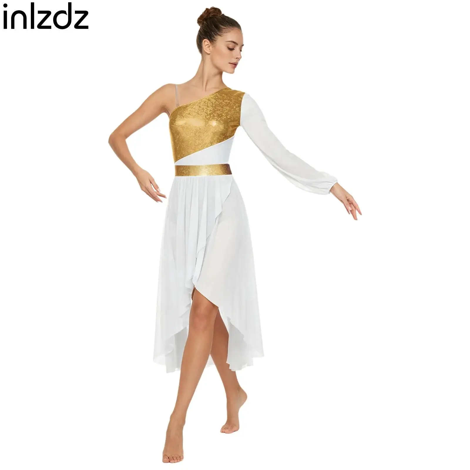 

Женское церковное танцевальное платье с металлическим блеском, асимметричным сетчатым подолом, для лирических и литургических танцев, балетный костюм