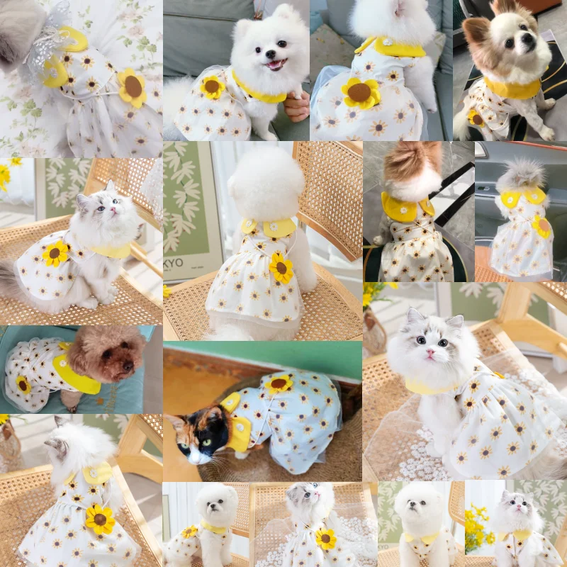 Summer Sunflower Dress for Pet Dog, Bow Lace Dresses for Chihuahua, Bichon, Kitten, Puppy Clothing, Luxury Skirt, Pet Apparel