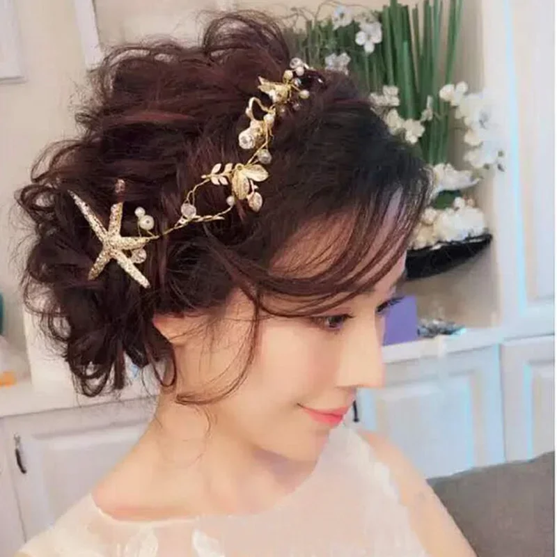 Elegant Starfish Star Hairpins The Bridal Hair Accessories Handmade Headband Bride Handmade Tiaras Soft Pearl Hair Jewelry view 2