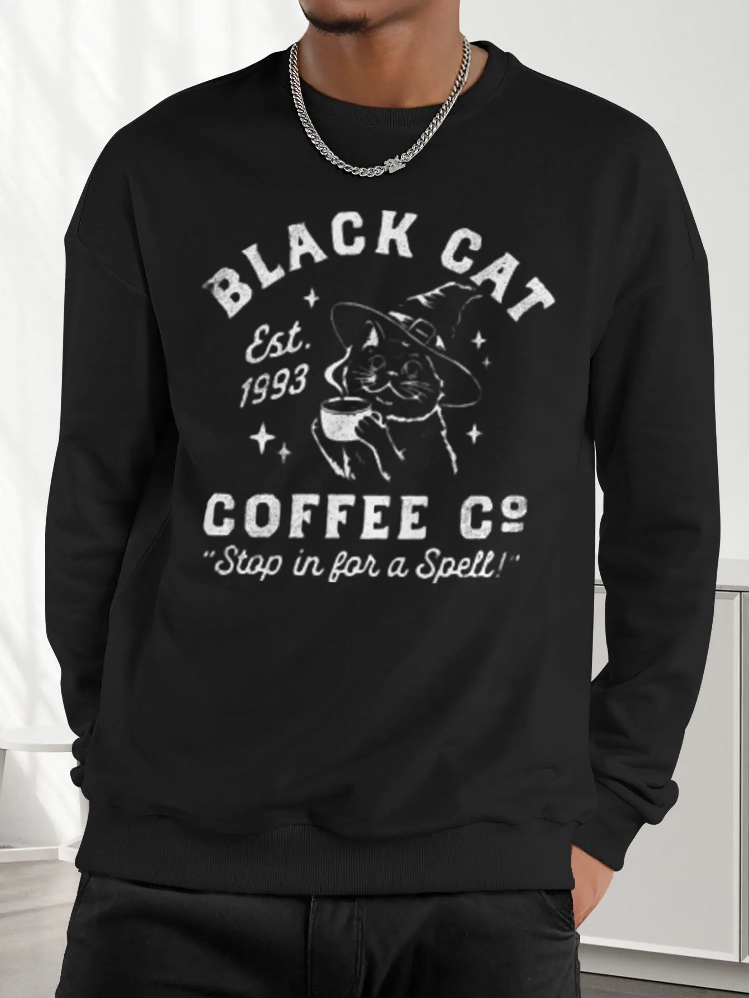 Men Crew Neck Sweatshirt Black Cat Coffee Co Vintage Graphic Print Long Sleeve Pullover Casual Loose Retro Halloween Male