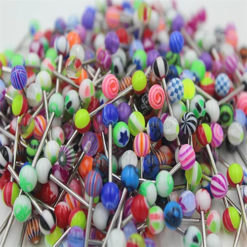 10/20/30/50/100 Pcs Double Acrylic Ball Tounge Nipple Ear Rings Bars Barbell Plug Tunnel Body Piercing Jewelry