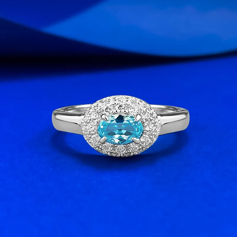 S925 Silver Ring 4 * 6mm Elliptical Shallow Sea Blue Zirconia Inlaid with Spring Summer Freshness Light Luxury Women's Jewelry