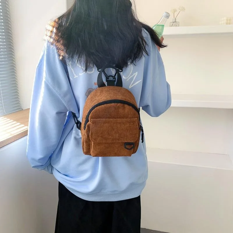 Korean-style casual versatile retro corduroy solid-color Japanese-style women's backpack student schoolbag trendy ladies' bag.