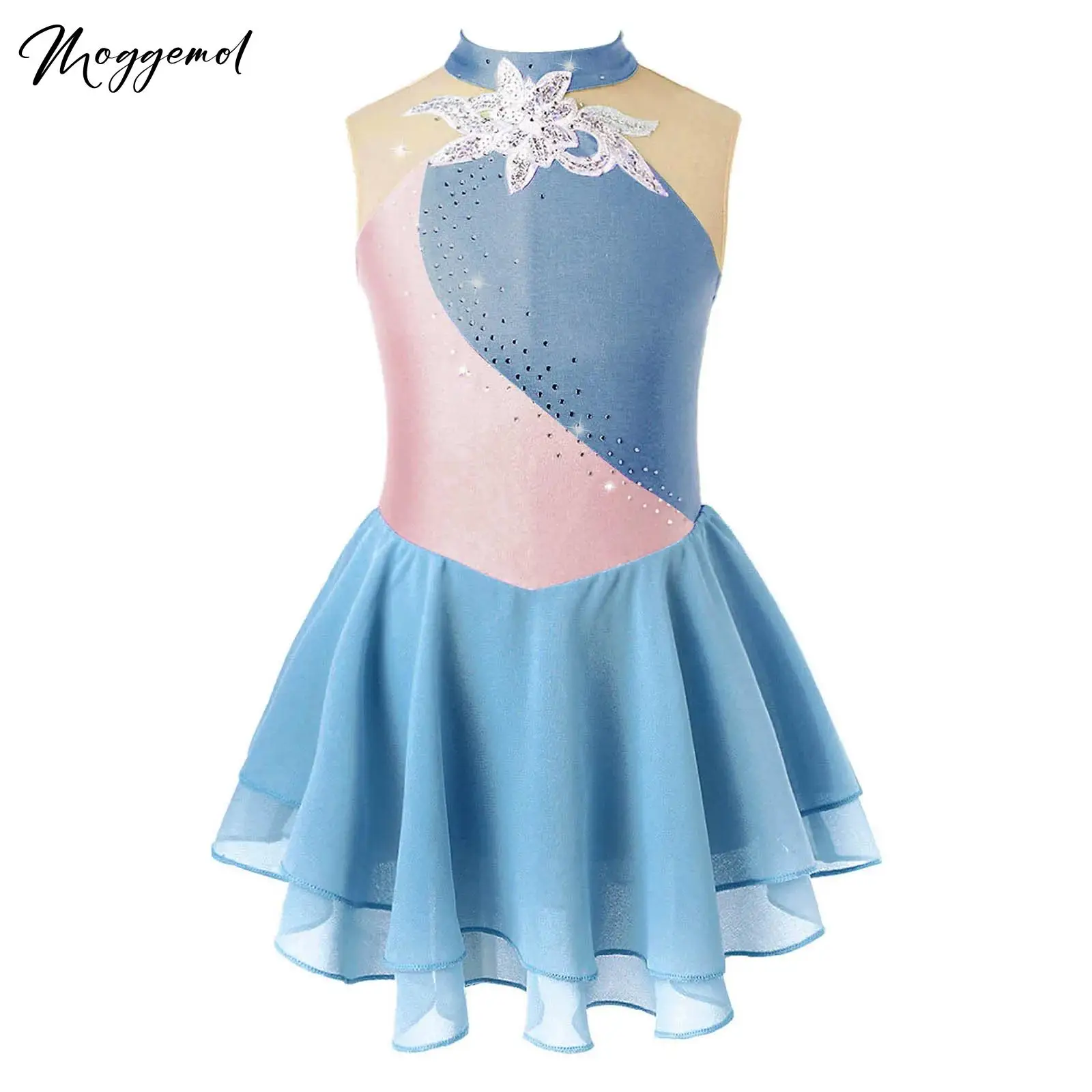 Crianças meninas patinação artística vestido de dança sem mangas strass patinação no gelo ballet collant vestido desempenho de salão dancewear