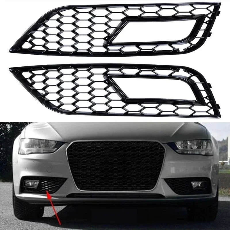 

2X RS4 Style Front Bumper Lower Grille Fog Light Grill Compatible with 2013-2016 Audi A4 B8.5 (Black Grille+Cover)