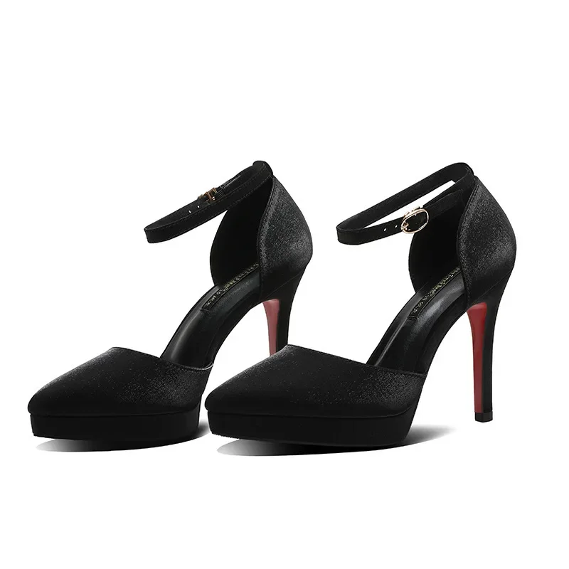 2023 Women 10cm High Heels 2cm Platform Sandals Lady Valentine Nightclub Red Bottom Pumps Satin Silk Stilettos Strappy Shoes