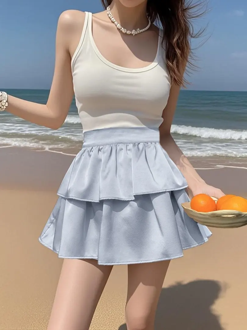 ピンクのサマーラッフルサテンケーキスカート、女性用ハイウエストカジュアルボールガウン、スイートショートスカート