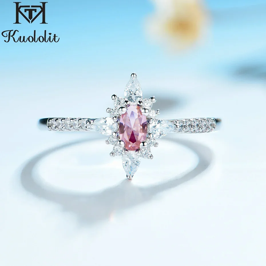 Kuololit Morganite Gemstone Rings for Women 925 Sterling Silver Oval Cut Created Stone  Ring Engagement bride Gifts Fine Jewelry