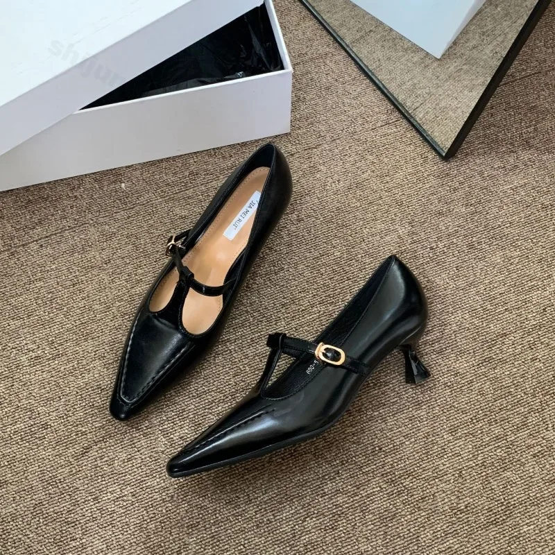 

Женские туфли-лодочки, модные дышащие туфли Мэри Джейн с острым носком и пряжкой, повседневные удобные туфли на массивном низком каблуке