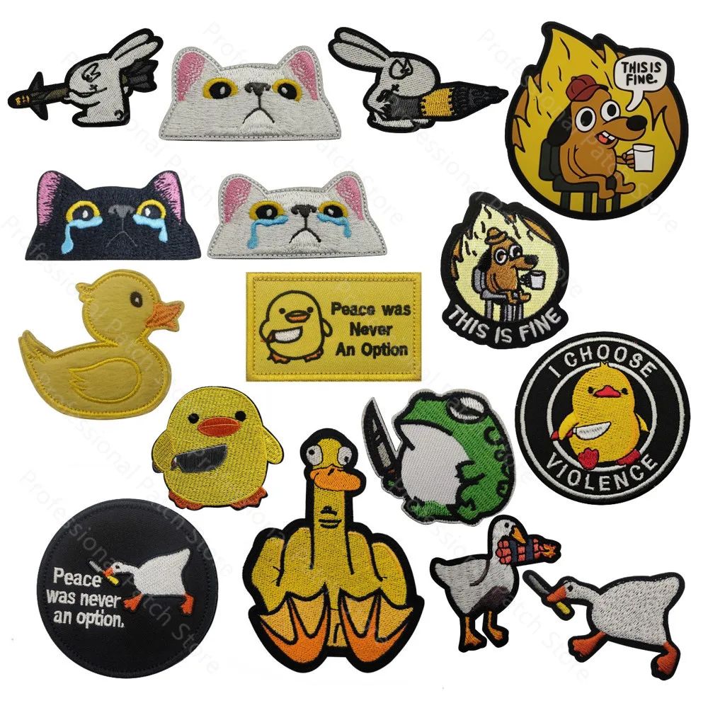 Funny Duck Tactical Patch Embroidery This Is Fine Applique Badge Suitable for Backpacking Jacket  Cute Cat Emoticon Sticker