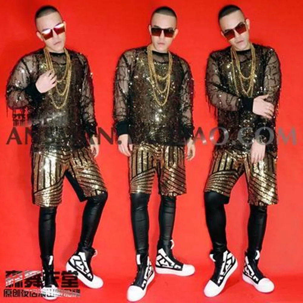 

Fashion New Product Nightclub Bar DJ Super Flash Black Gold Hanger Set Hot Selling Men's Leisure Performance Clothing