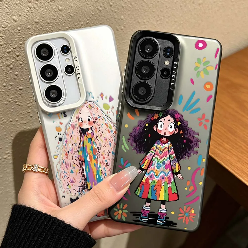 

Cartoon Art Colorful Girl For Samsung Galaxy S26 S25 S24 S23 S22 S21 S20 FE Ultra Plus Colorful Silver Phone Case Cover
