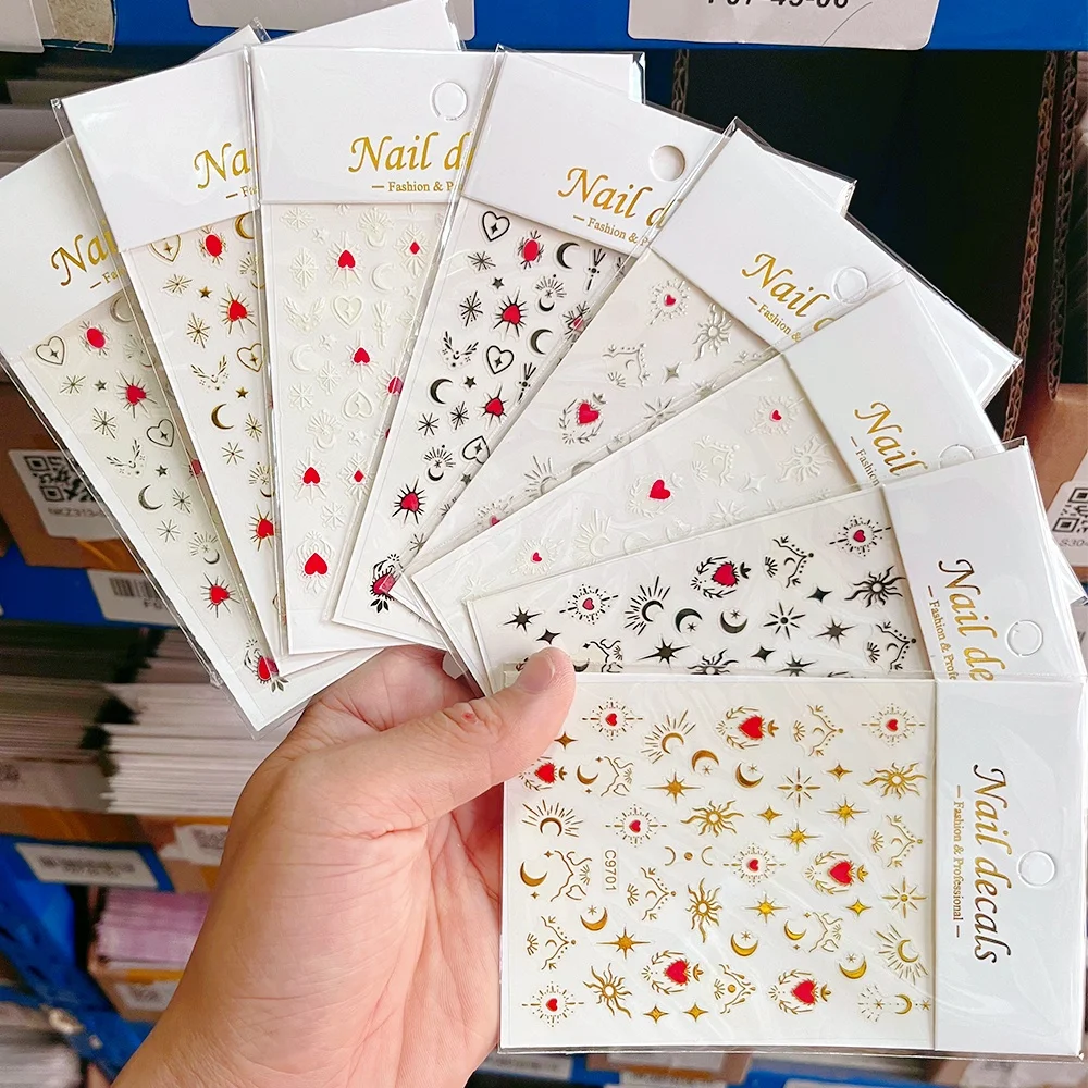 1pc Red Heart Stars Moon Nail Sticker Vintage Gold Sliver Starlight Adhesive Decals Y2K Sun Star DIY Sliders Manicure Decoration