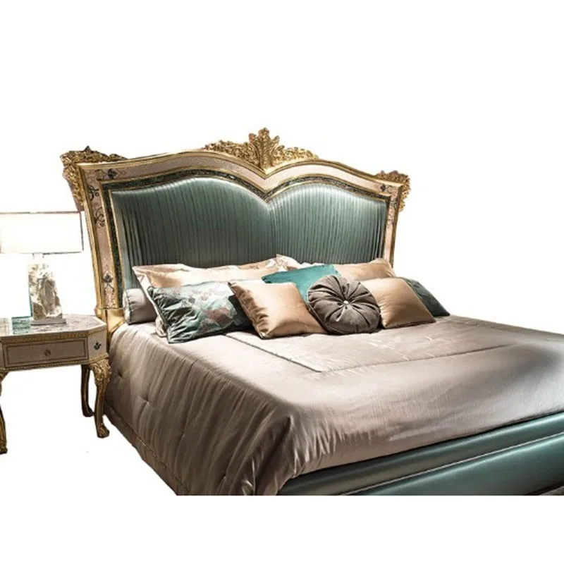 Princess bed European luxury villa master bedroom gold foil carved solid wood double bed