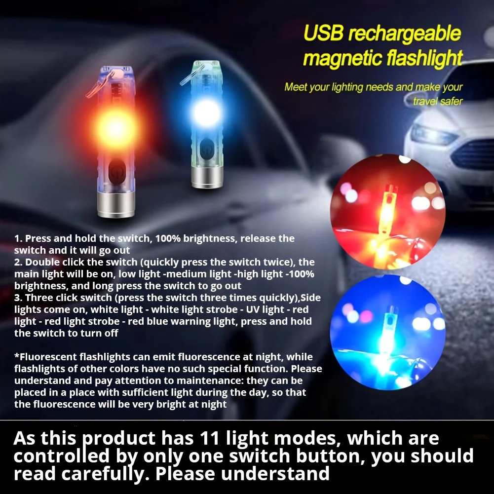 Mini keychain light, portable LED flashlight, USB charging for fishing and camping, waterproof, red and blue warning lights