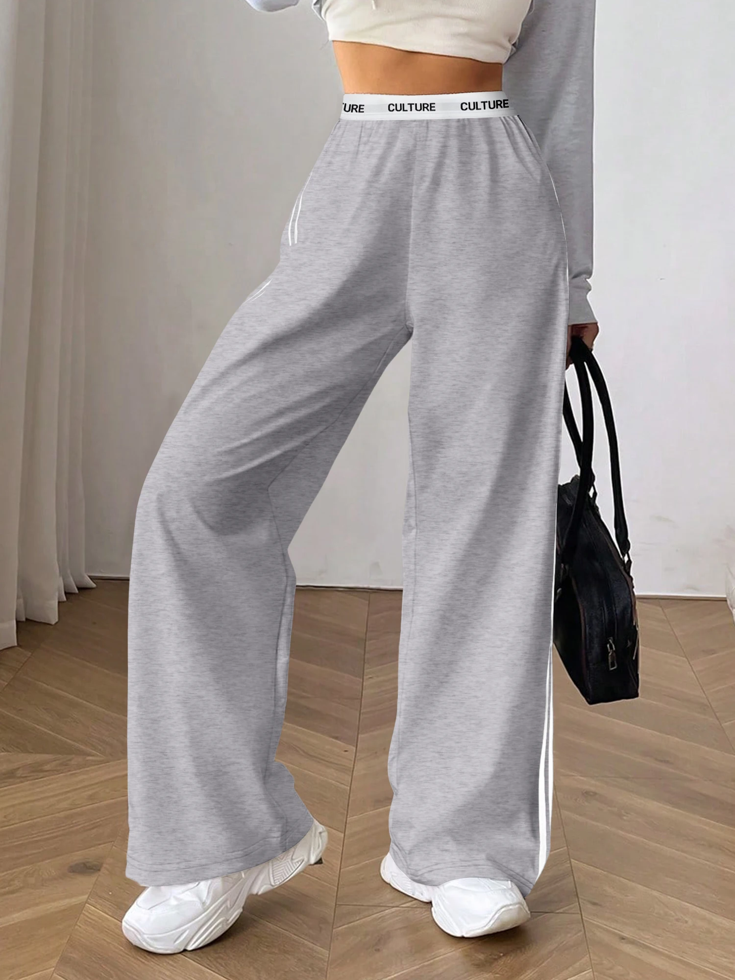 

Мягкие широкие спортивные брюки из хлопковой смеси для женщин, с высокой талией, эластичным поясом, полосатой отделкой, для повседневной носки и занятий спортом