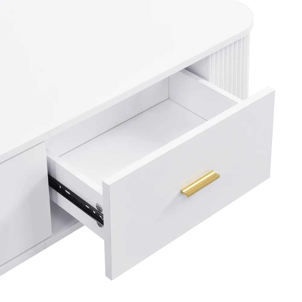 Gebogener Eck-Wohnzimmertisch, goldene Hardware, gewellte Seiten, Doppelfunktions-Couchtisch und Beistelltisch mit Schubladen – Detail 17