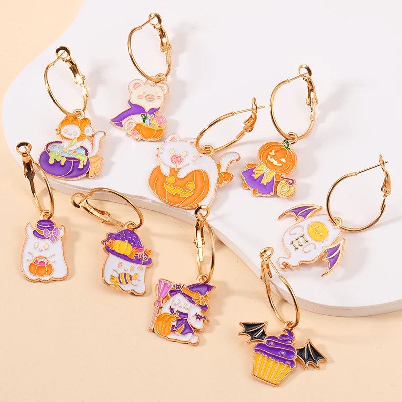 2026 العصرية Cuite المينا هالوين إسقاط أقراط للنساء الفتيات Kawaii الكرتون الأرنب شبح اليقطين استرخى هوب القرط مجوهرات #1