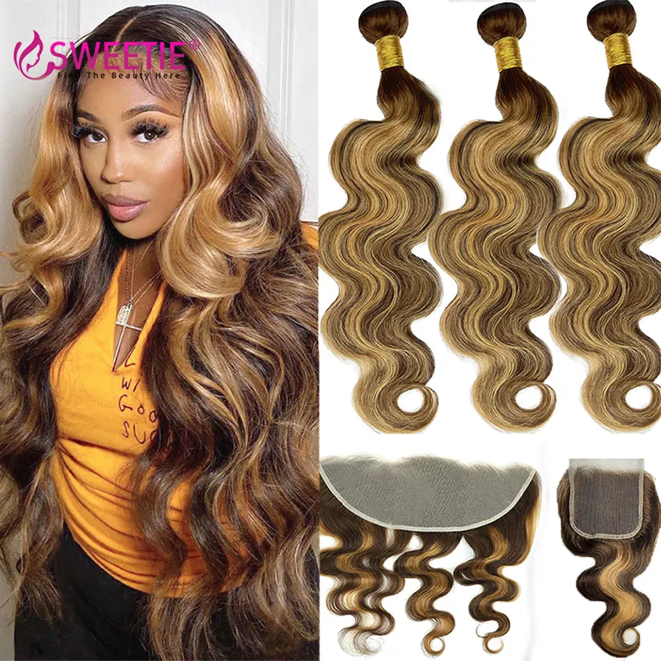 Highlight Body Wave Bundles With Closure Honey Blonde Colored Human Hair Bundles With Frontal 3/4 Bundle Deals P4/27 Piano Color