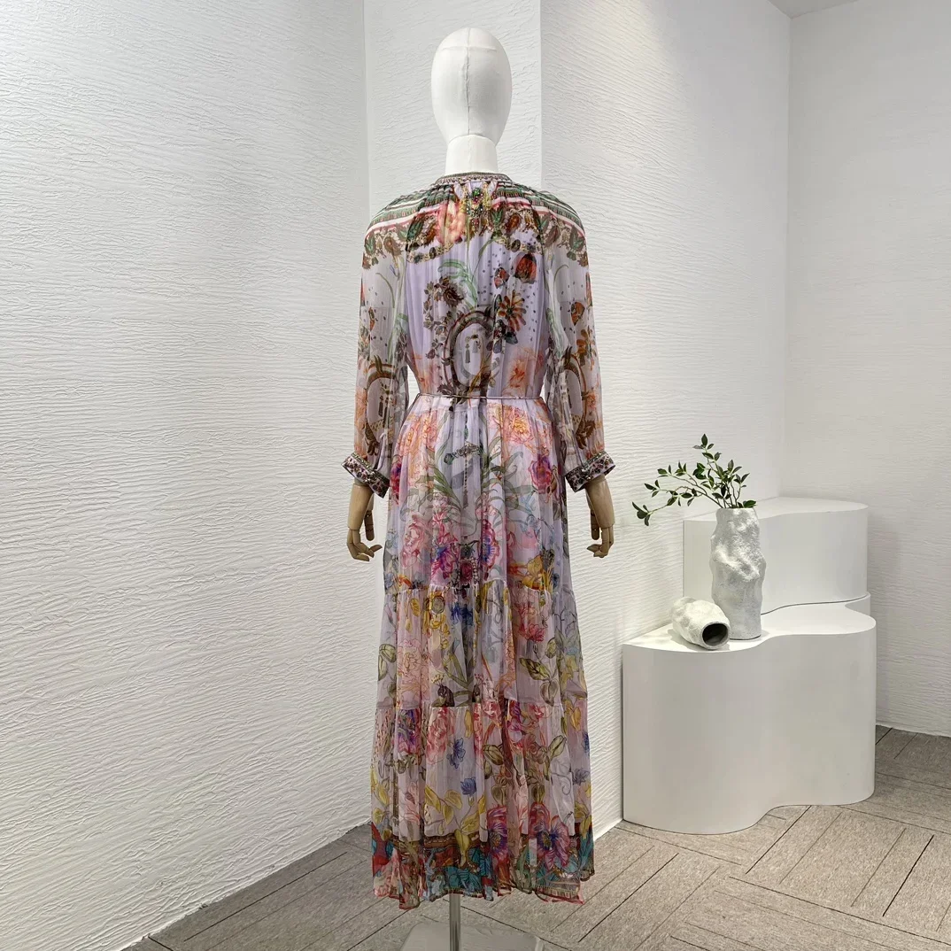 2024 New High Qulity Multicolor Floral Print Long Sleeve V Neck Pleat Diamonds Pressed Spring Summer Midi Dress for Women