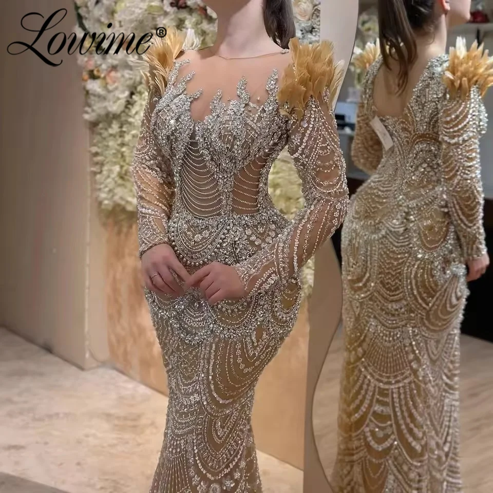 

Glitter Sequined Crystals Evening Dress Feathers Long Sleeve Mermaid Prom Dresses Customized Tassels Gold Celebrity Party Gowns