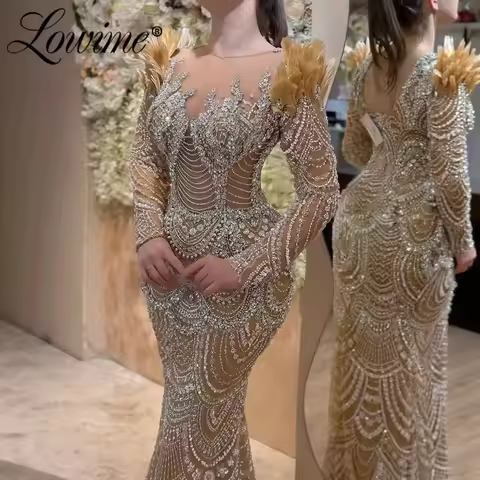 Glitter Sequined Crystals Evening Dress Feathers Long Sleeve Mermaid Prom Dresses Customized Tassels Gold Celebrity Party Gowns