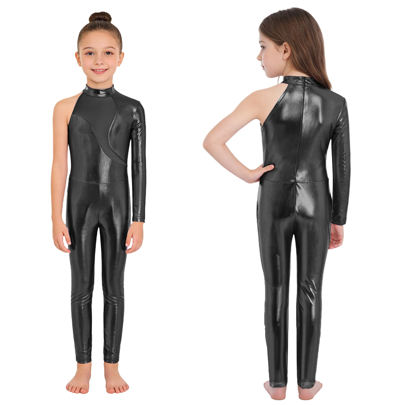 Kids Girls Ballet Dance Leotard Metallic Gymnastics Acrobatics Unitards One Shoulder Mesh Figure Skating Performance Jumpsuit