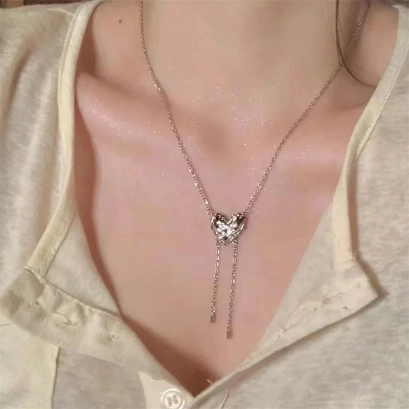 Elegant Ribbon Love Tassel Zircon Necklace For Women Girls Exquisite Light Luxury Classic Necklace Jewelry Accessories Gifts