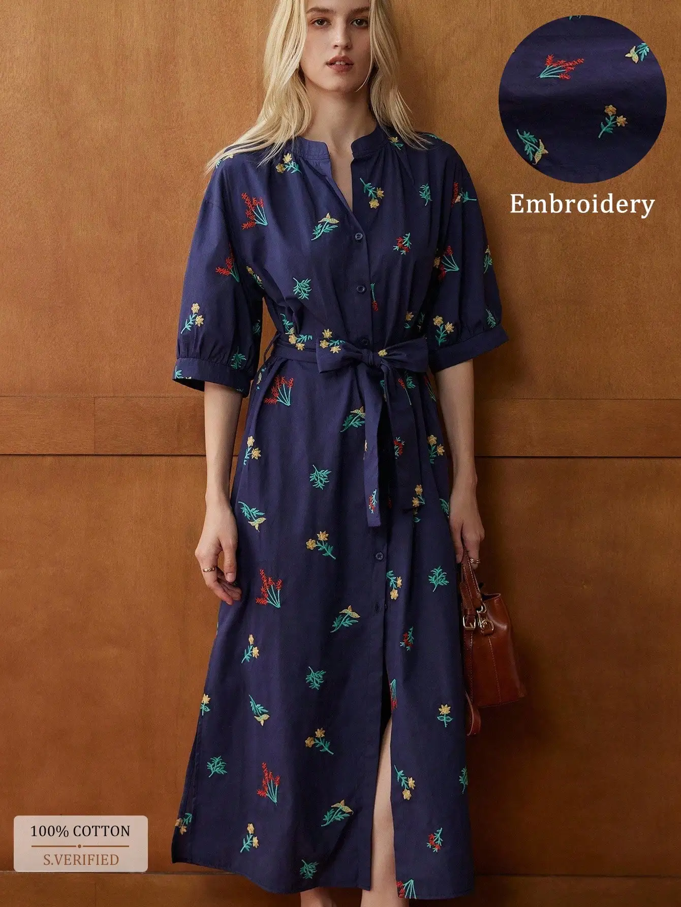 

Elegant Stand Collar Half Sleeve Embroidered Belted Midi Dress Women Casual Autumn
