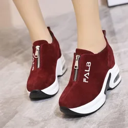 Chunky Sneakers Women's 2024Autumn Fashion Wedges Height Increased Casual Shoes Suede Zipper Vulcanize Shoes Zapatillas De Mujer