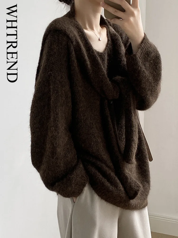 

WHTREND теплый мягкий свитер с v-образным вырезом для женщин + шаль из двух предметов осень-зима свободный элегантный универсальный топ WH2107