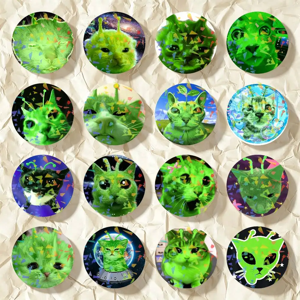 Cute Green Alien Cats Round Badge Lapel Pins for Backpacks Briefcase Laser Brooch Clothes Gifts