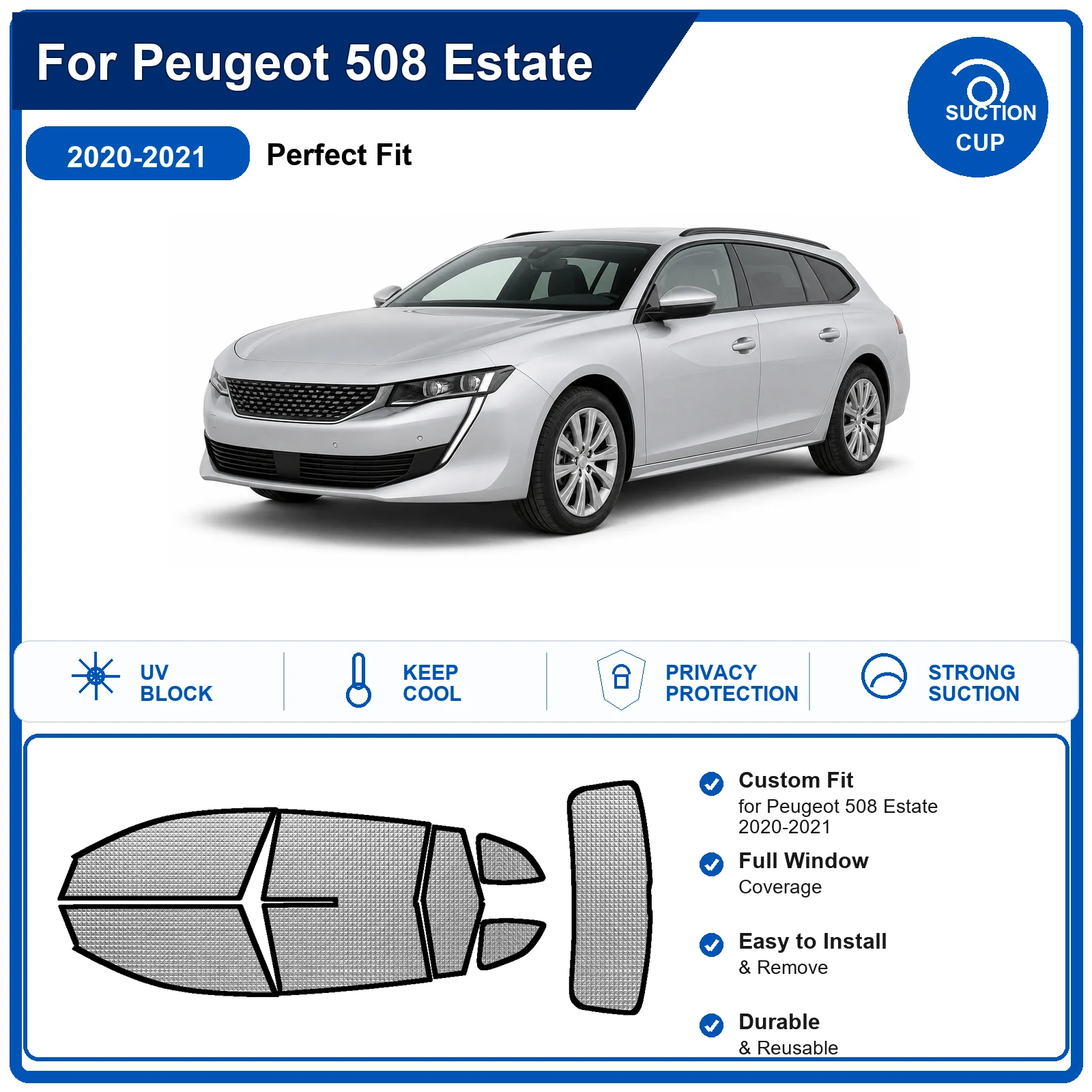 For Peugeot 508 Estate 2020-2021 Custom Full Set Windshield Sun Shade Aluminum Foil Heat Insulation Anti UV Foldable
