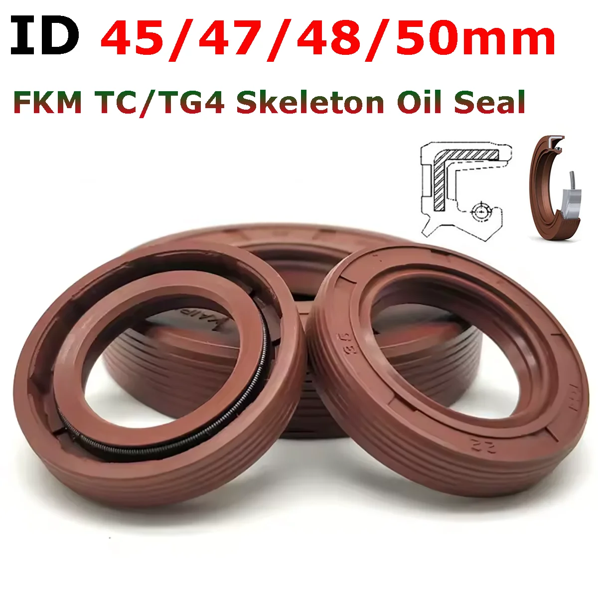 2pcs ID 45mm 47mm 48mm 50mm FKM TC/FB/TG4 Skeleton Oil Seal Rings Fluoro Rubber Double Lip Seal Gasket For Rotation Shaft