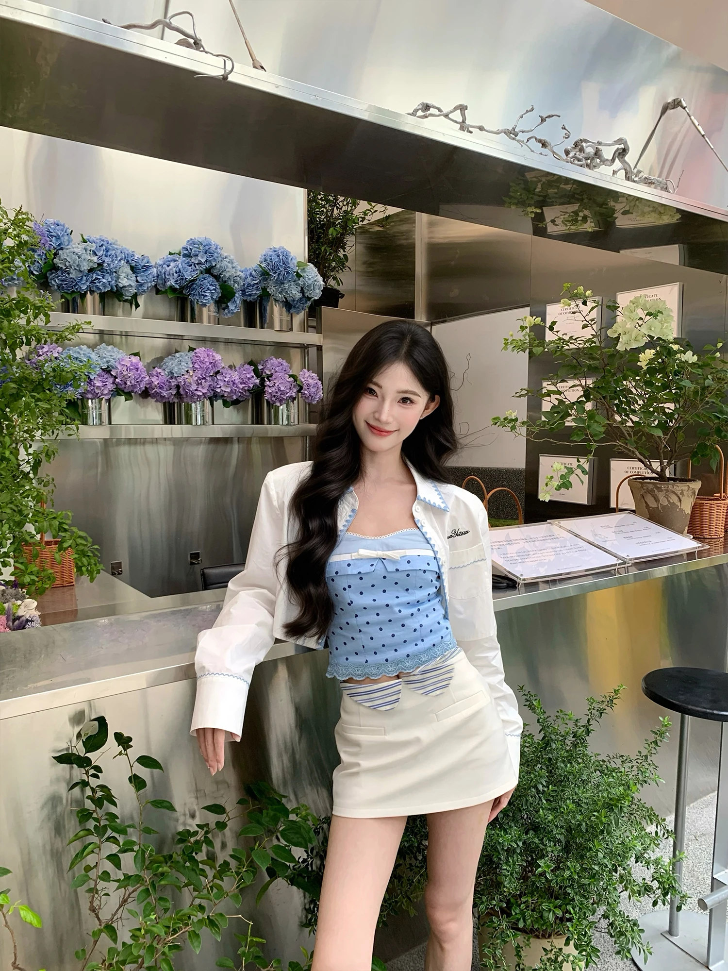 Aigua 2025 Summer New Vintage Spicy Girl Versatile Outerwear Long Sve Women's irt Casual Sle Slim Fit Pure Cotton irt